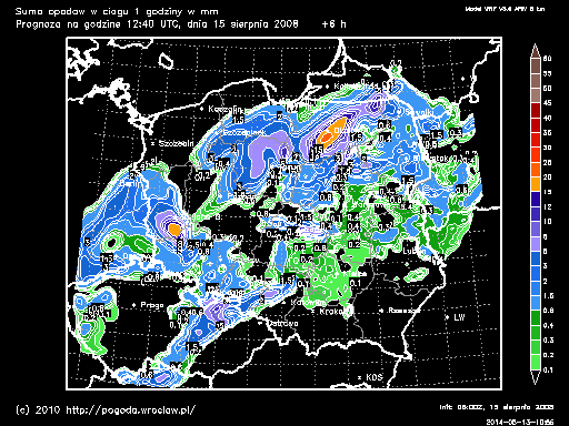 Aktualna suma opadów atmosferycznych w ci±gu 3 godzin w Polsce w mm - model WRF ARW
