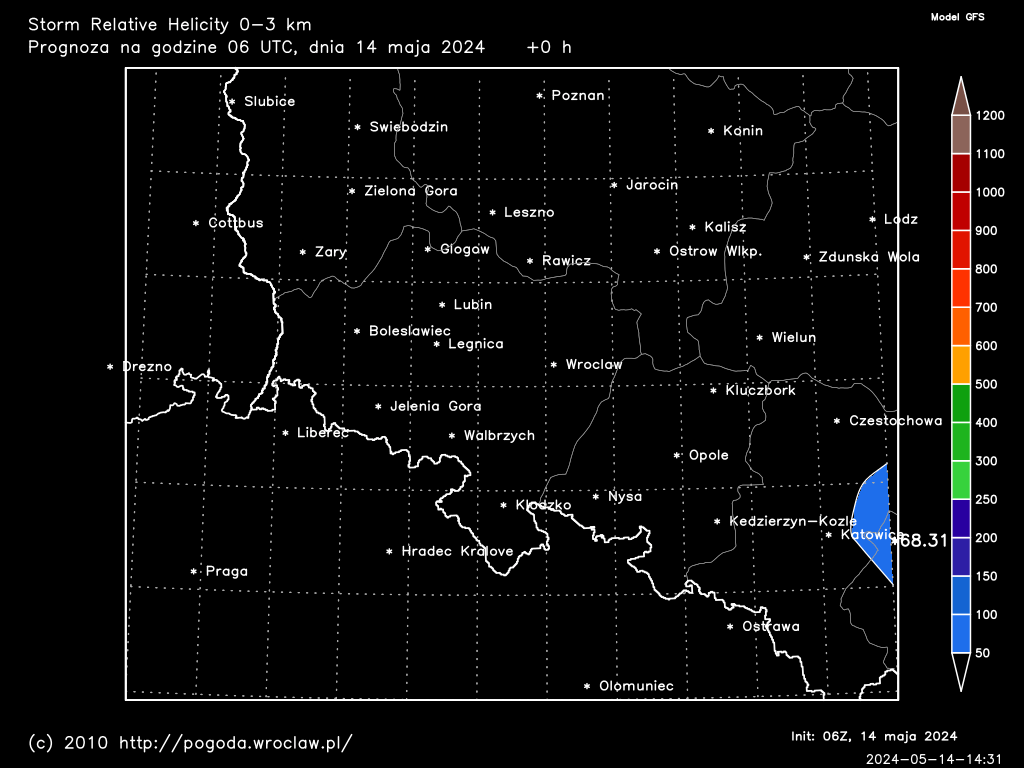 Storm Relative Helicity 0-3 km dla wybranej godziny prognozy