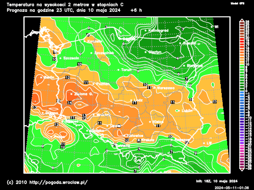 Aktualna temperatura powietrza na Dolnym Śląsku na poziomie 2 metrów w stopniach Celsjusza - model GFS