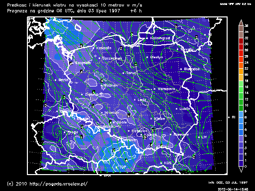 Aktualna prędkość i atualny kierunek wiatru na wysokości 10 metrów w Polsce w metrach na sekundę - model WRF ARW