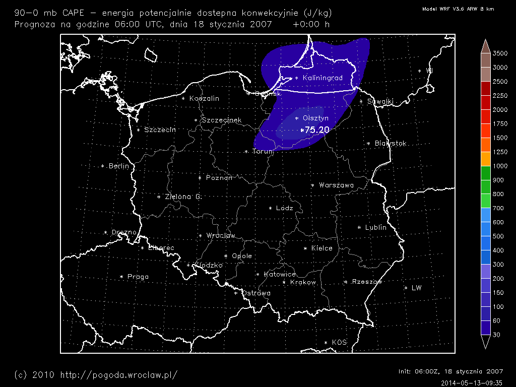 mlCAPE - energia potencjalnie dostępna konwekcyjnie w najbardziej niestabilnej warstwie atmosfery dla wybranej godziny prognozy od powierzchni ziemi do wysokości, na której ciśnienie jest około 100 hPa niższe.