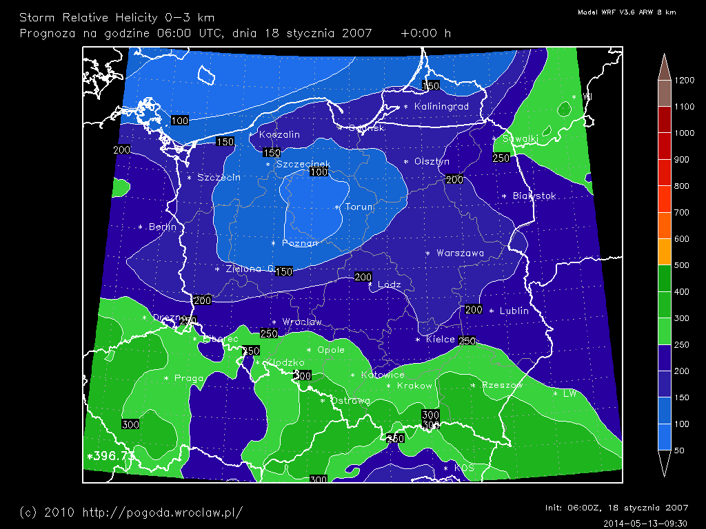 Storm Relative Helicity 0-3 km dla wybranej godziny prognozy