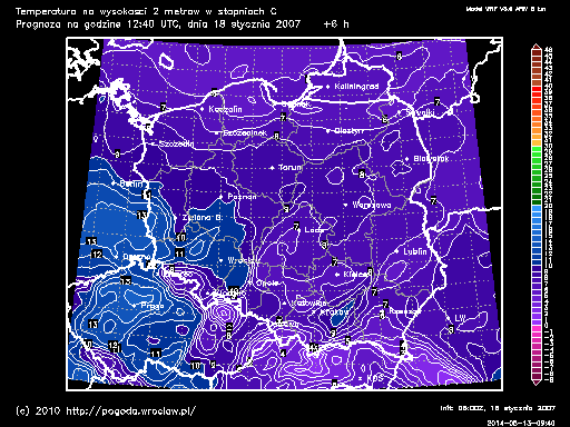 Aktualna temperatura powietrza w Polsce na poziomie 2 metrów w stopniach Celsjusza - model WRF ARW