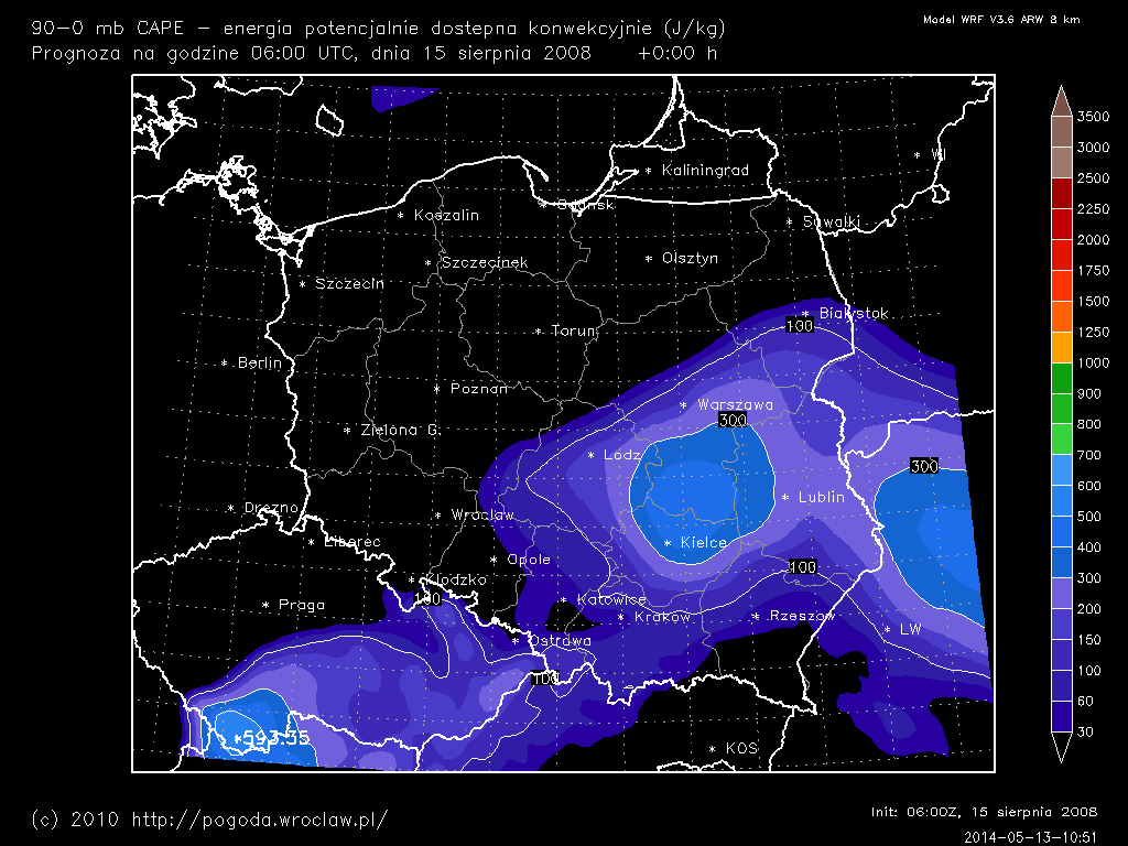 mlCAPE - energia potencjalnie dostępna konwekcyjnie w najbardziej niestabilnej warstwie atmosfery dla wybranej godziny prognozy od powierzchni ziemi do wysokości, na której ciśnienie jest około 100 hPa niższe.