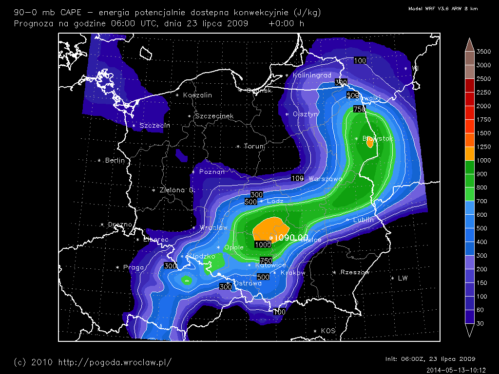 mlCAPE - energia potencjalnie dostępna konwekcyjnie w najbardziej niestabilnej warstwie atmosfery dla wybranej godziny prognozy od powierzchni ziemi do wysokości, na której ciśnienie jest około 100 hPa niższe.