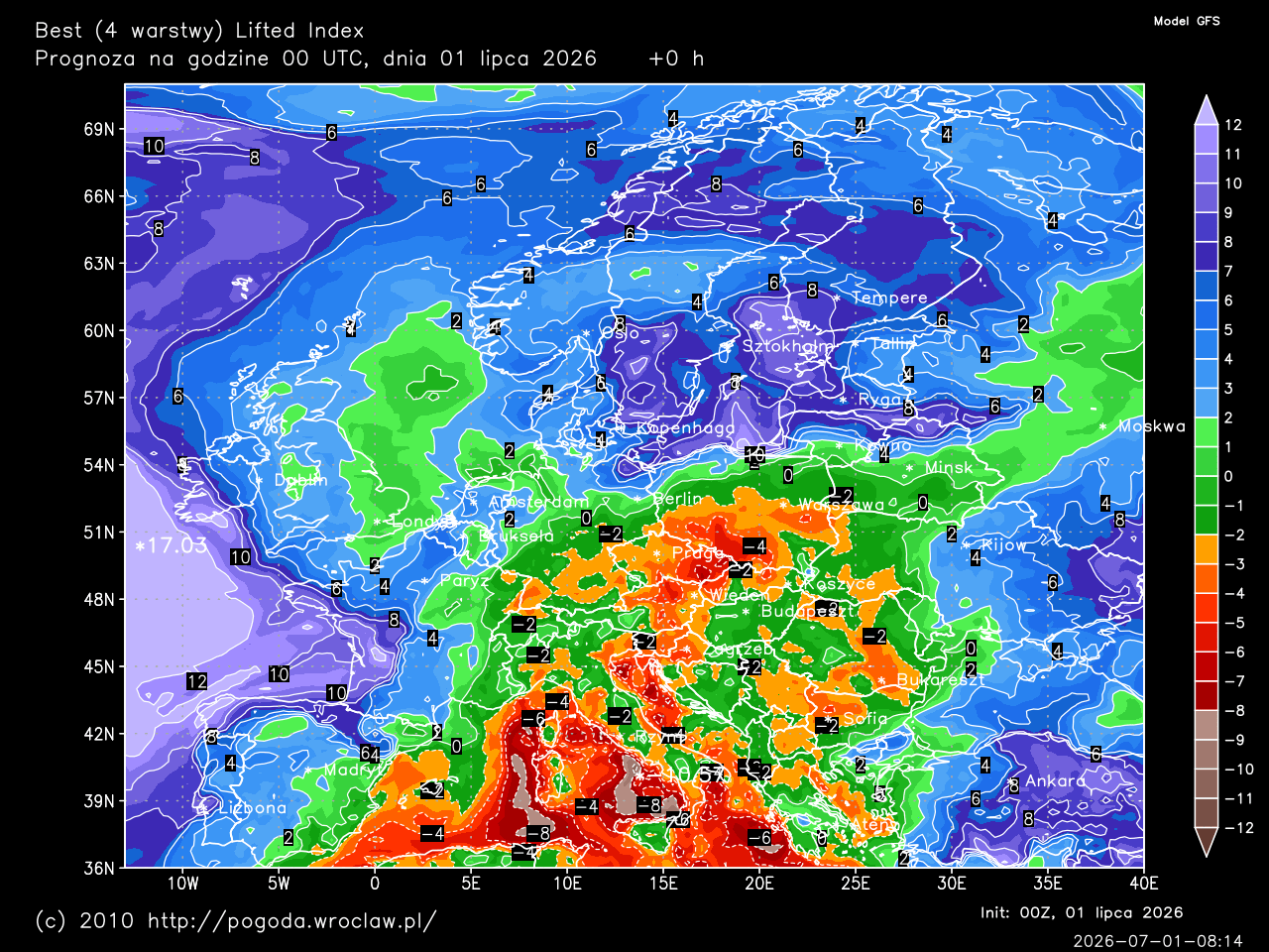 Best (4 warstwy) Lifted Index dla wybranej godziny prognozy