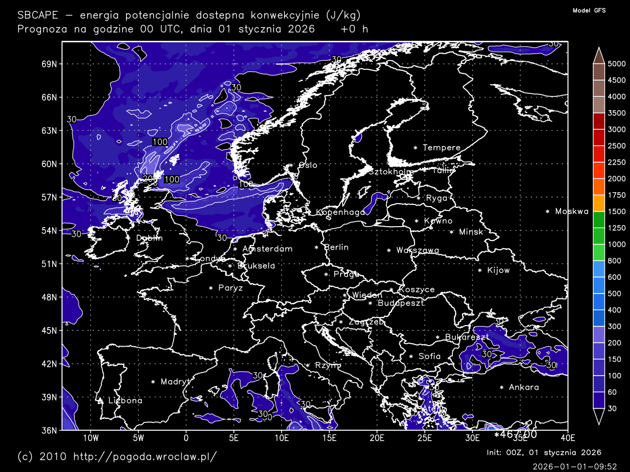 SBCAPE - energia potencjalnie dostępna konwekcyjnie dla wybranej godziny prognozy