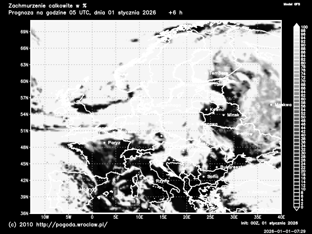 Aktualne zachmurzenie całkowite na Dolnym Śląsku w procentach - model GFS