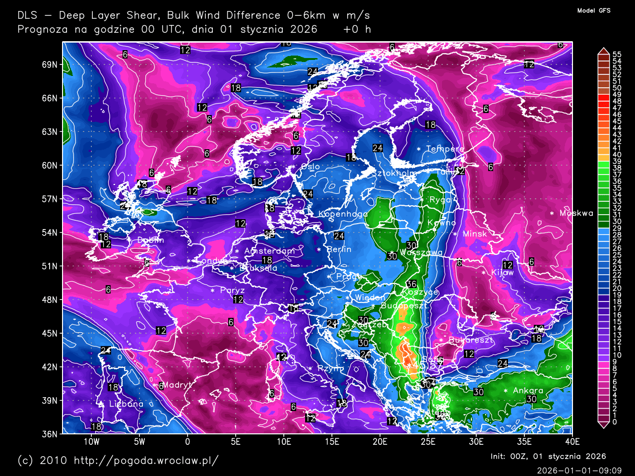 DLS - Deep Layer Shear, Bulk Wind Difference 0-6 km w m/s dla wybranej godziny prognozy