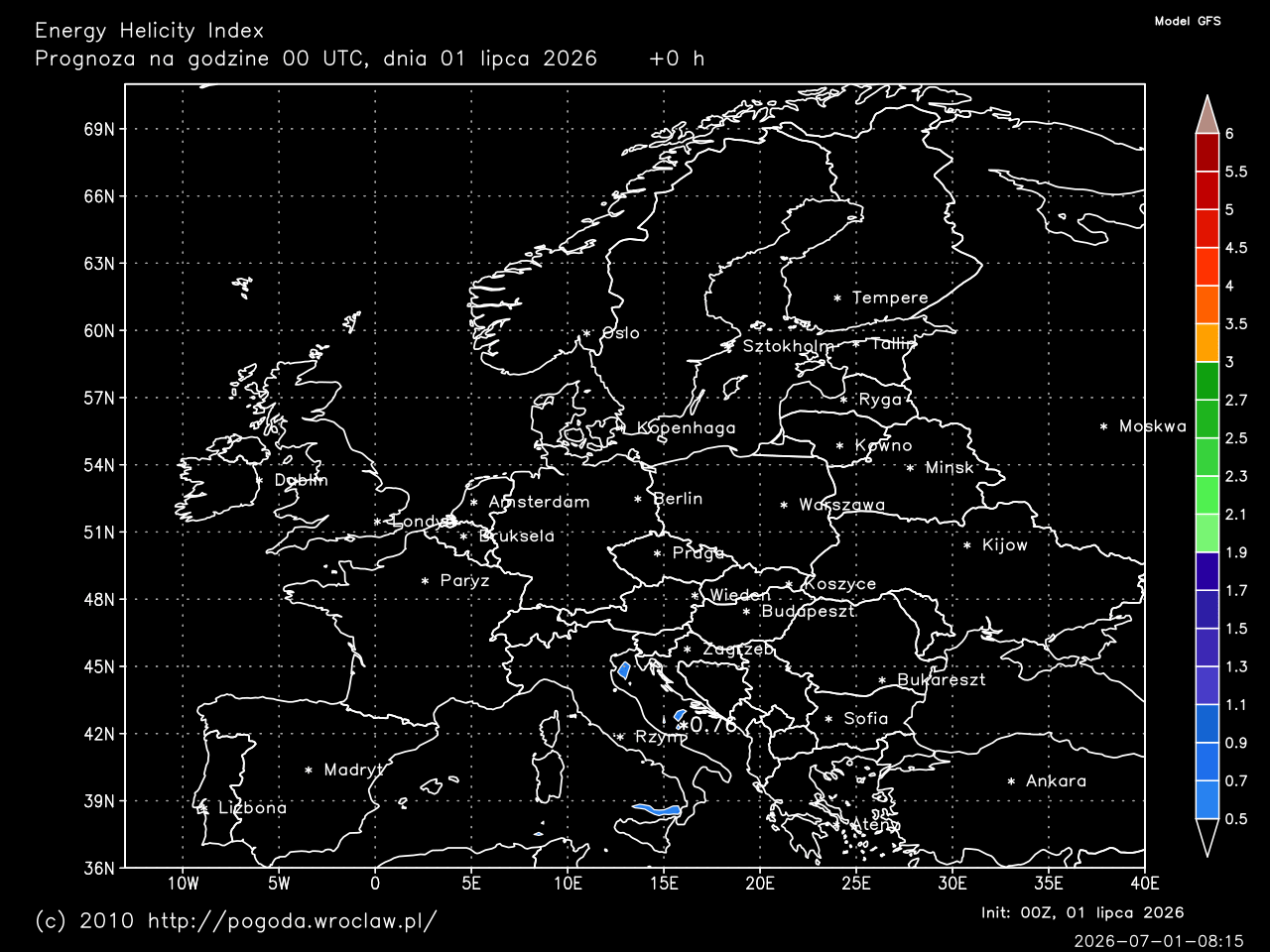 Energy Helicity Index dla wybranej godziny prognozy