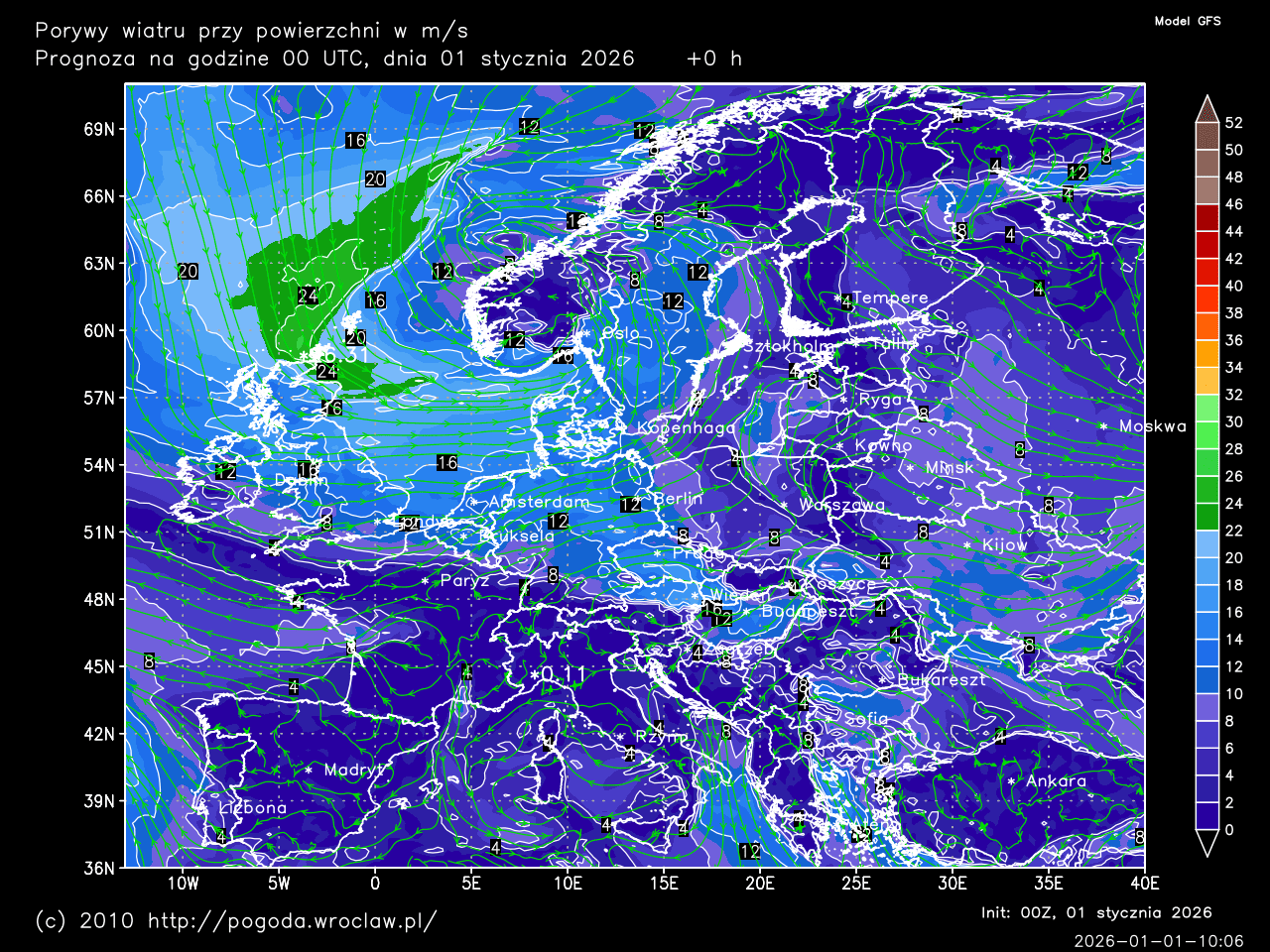 Porywy wiatru przy powierzchni w m/s dla wybranej godziny prognozy