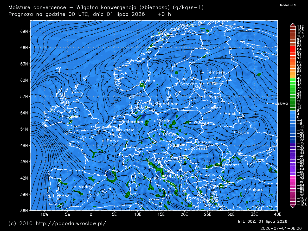 Moisture convergence - dla wybranej godziny prognozy