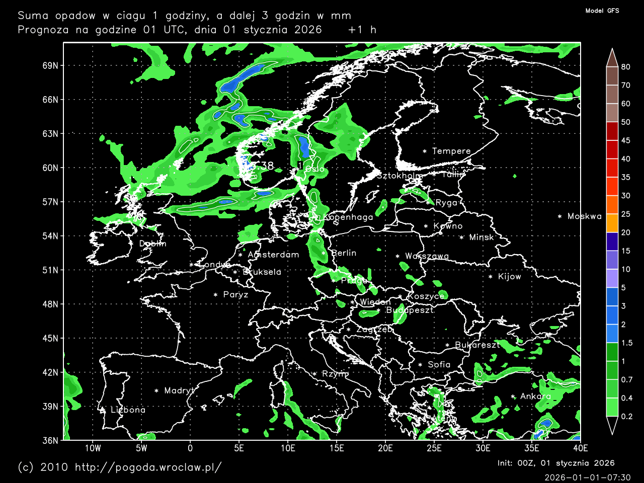 Suma opadów w mm dla wybranej godziny prognozy