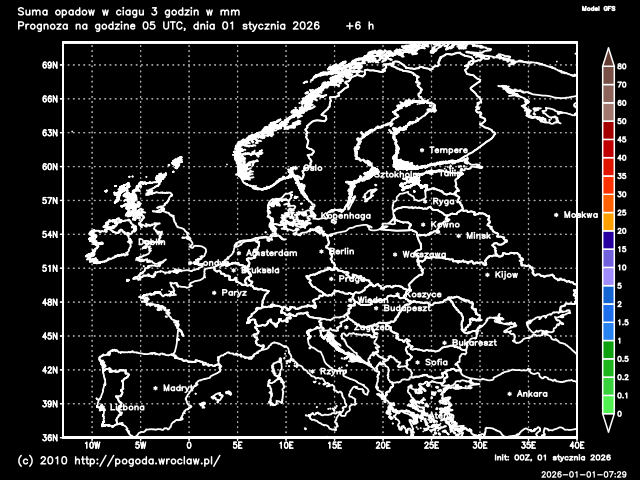 Aktualna suma opadów atmosferycznych w ciągu 3 godzin na Dolnym Śląsku w mm - model GFS