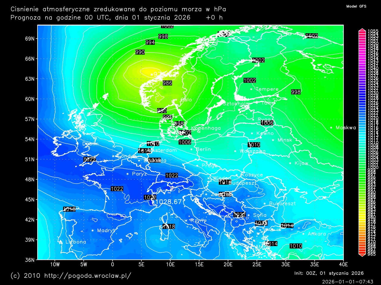 Ciśnienie atmosferyczne w hPa dla wybranej godziny prognozy
