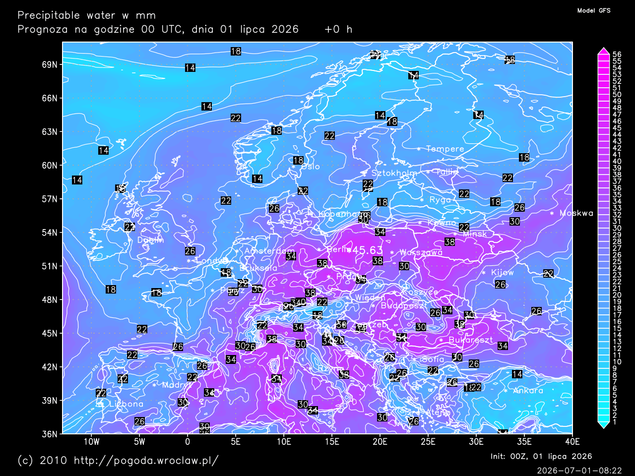 Precipitable water dla wybranej godziny prognozy