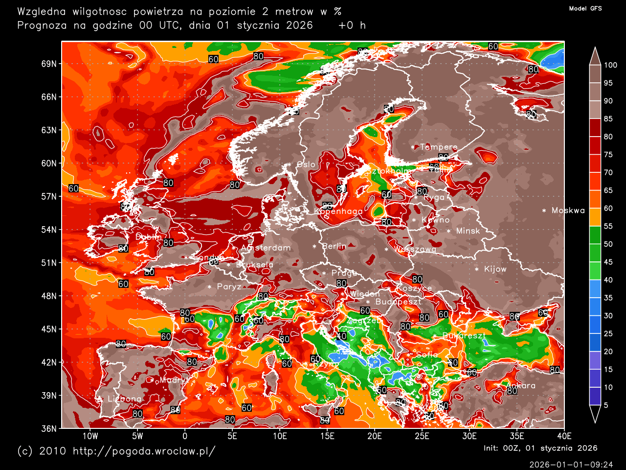 Względna wilgotność powietrza na poziomie 2 metrów w % dla wybranej godziny prognozy