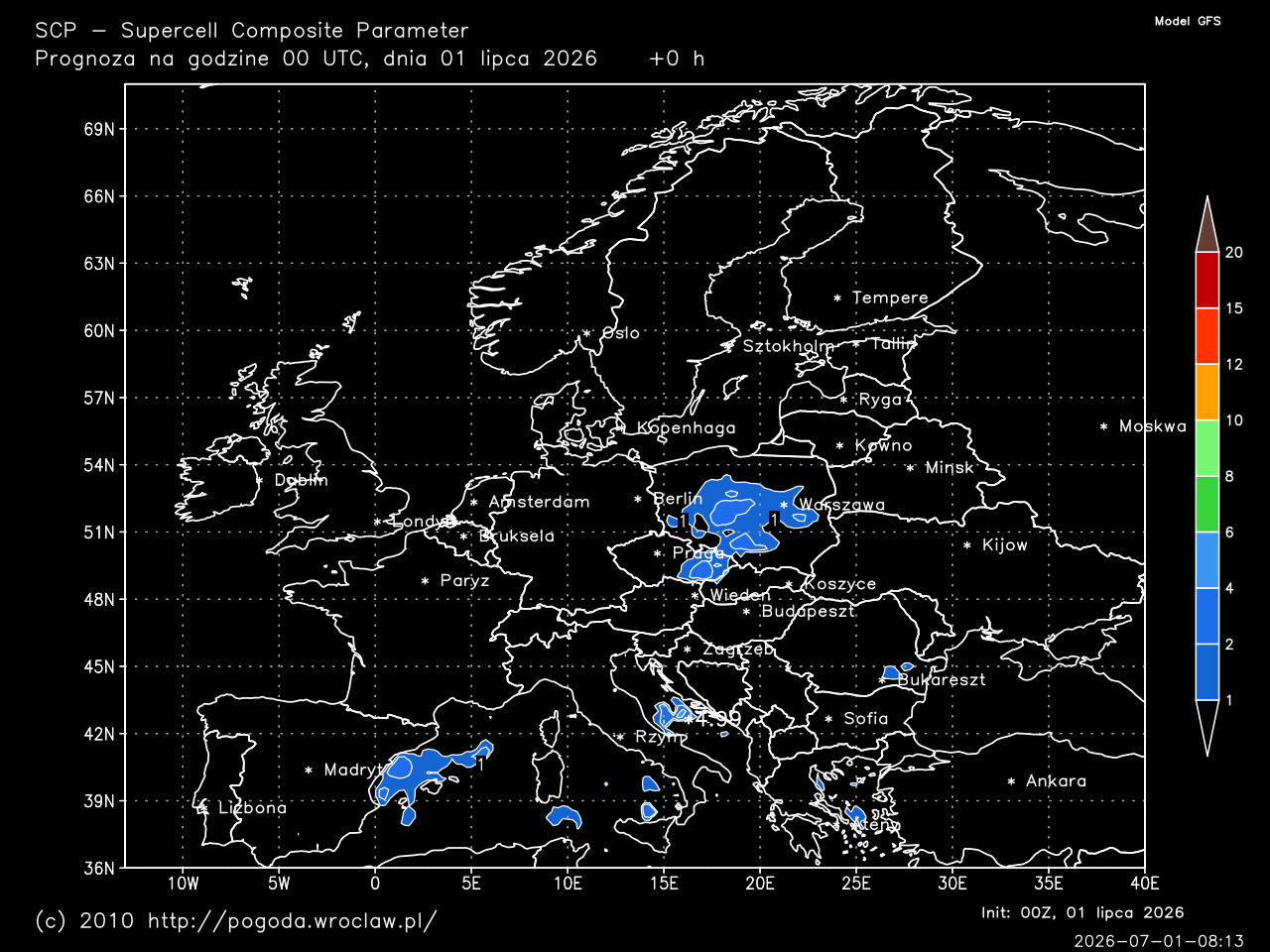 SCP - Supercell Composite Parameter dla wybranej godziny prognozy