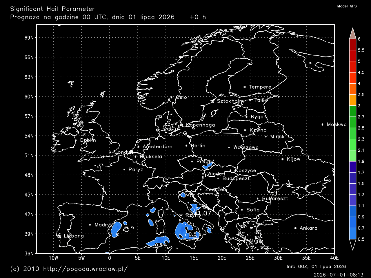 SHIP - Significant Hail Parameter dla wybranej godziny prognozy