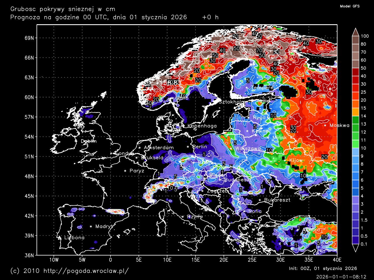 Grubość pokrywy śnieżnej w centymetrach, dla wybranej godziny prognozy