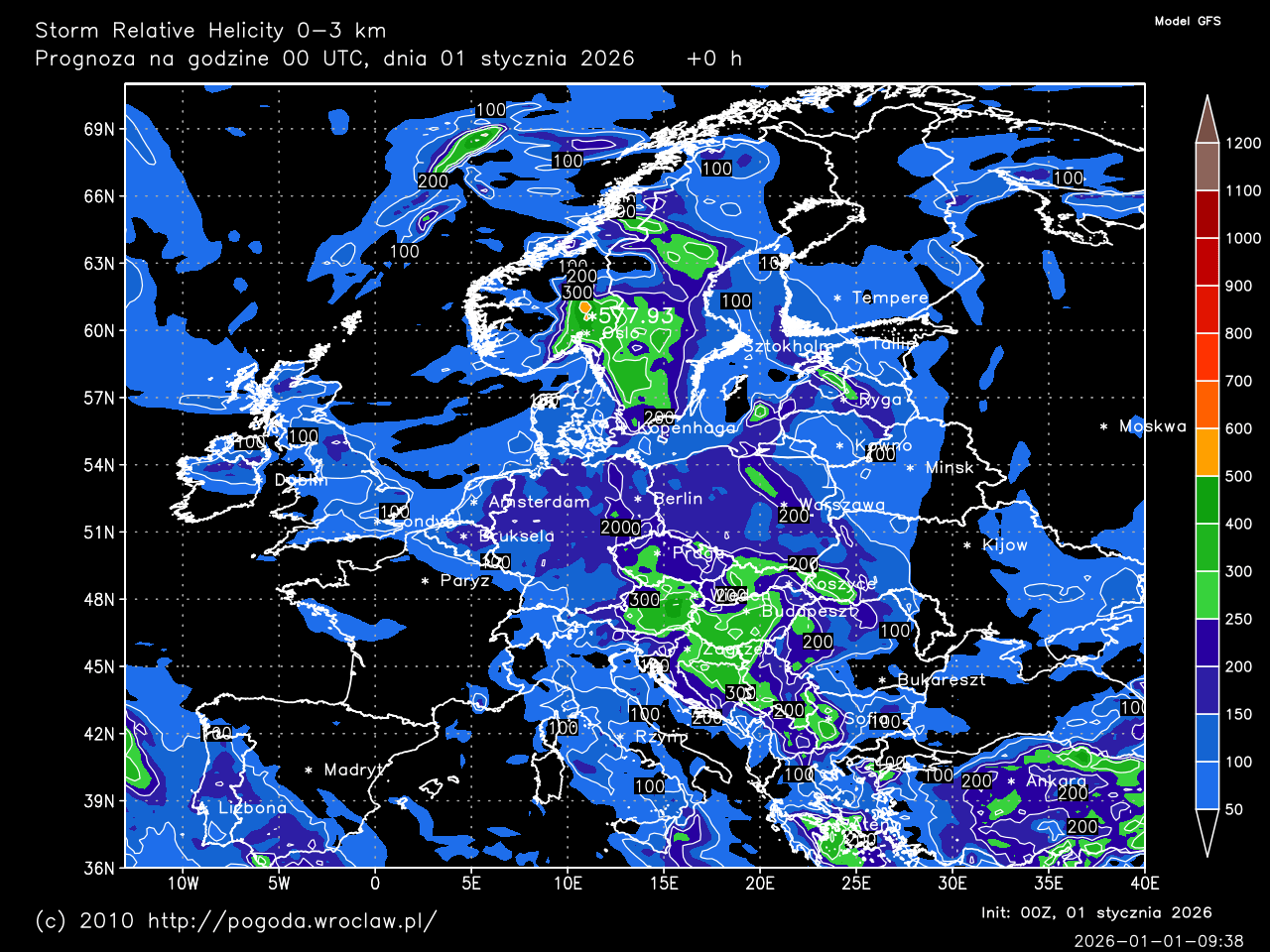 Storm Relative Helicity 0-3 km dla wybranej godziny prognozy