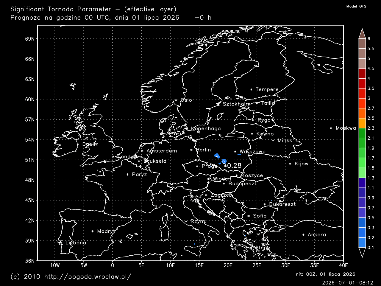 STP - Significant Tornado Parameter (effective layer) dla wybranej godziny prognozy