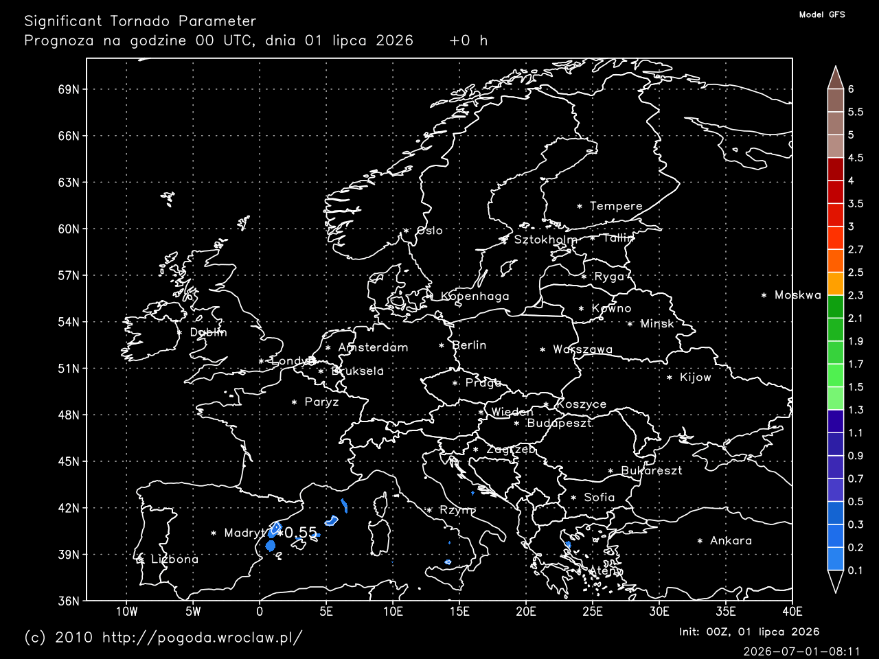 STP - Significant Tornado Parameter dla wybranej godziny prognozy