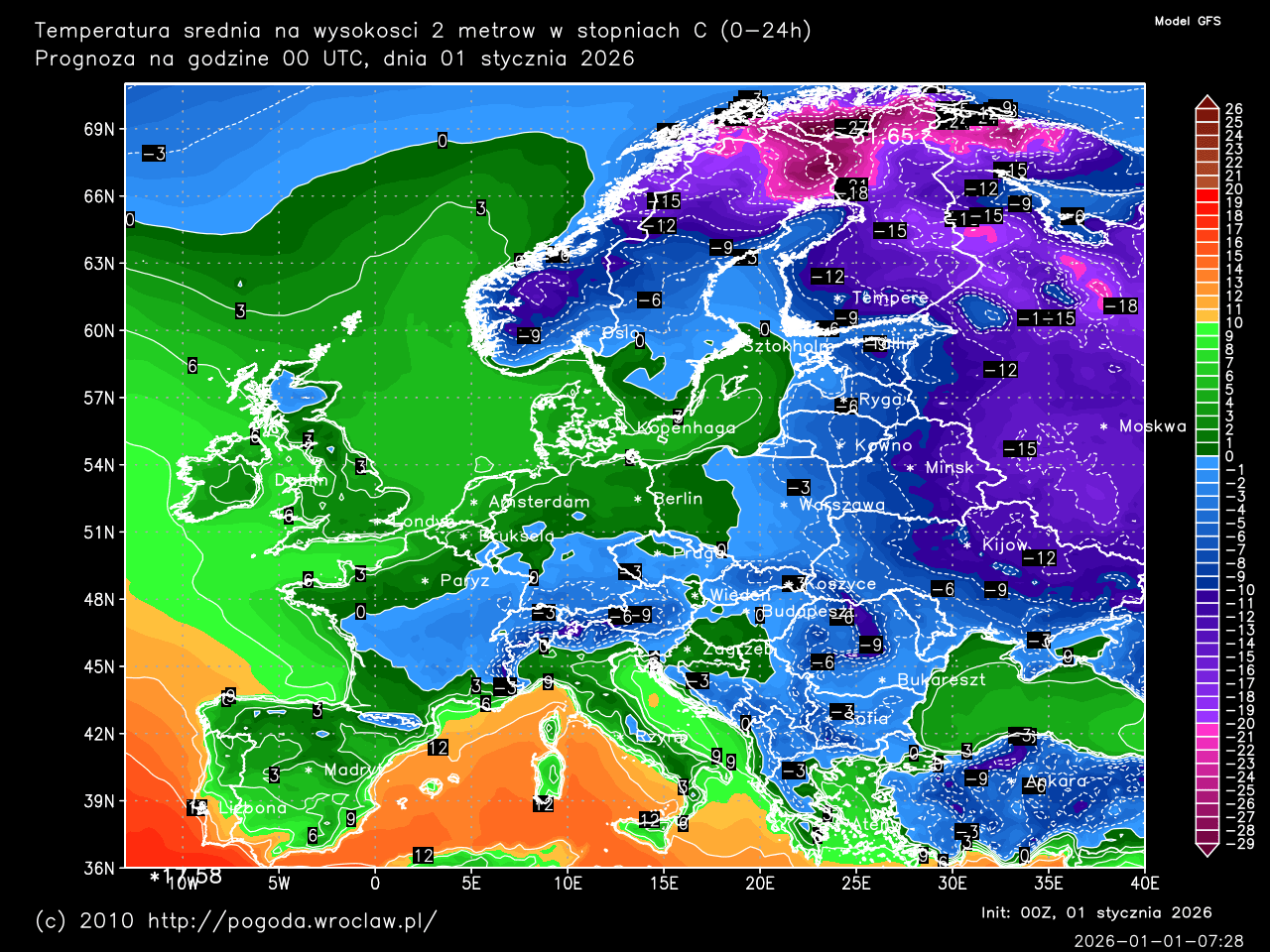 Dobowe temperatury średnie oraz w ciągu następnych 192 godzin w stopniach C