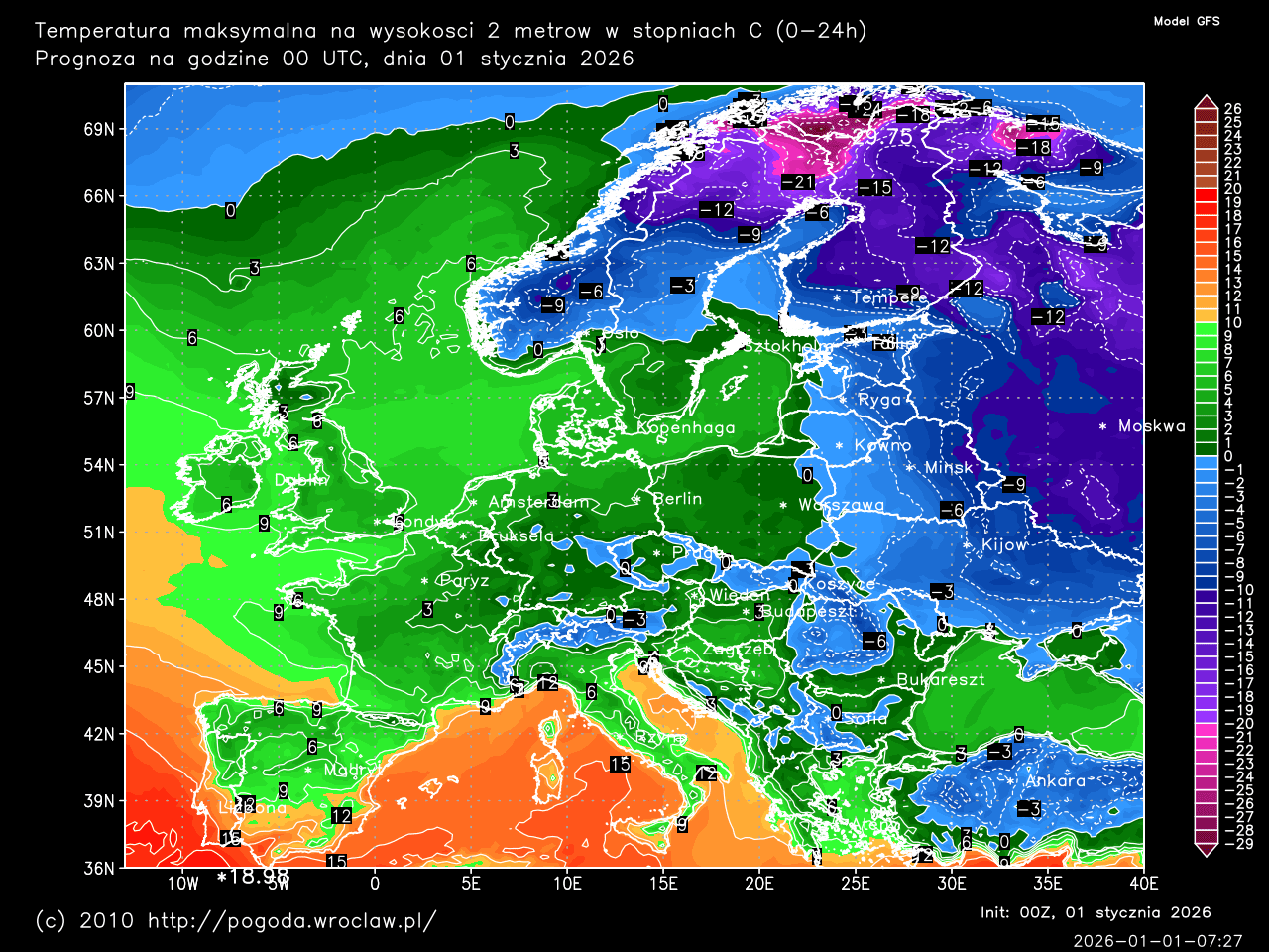 Dobowe temperatury maksymalne oraz w ciągu następnych 192 godzin w stopniach C