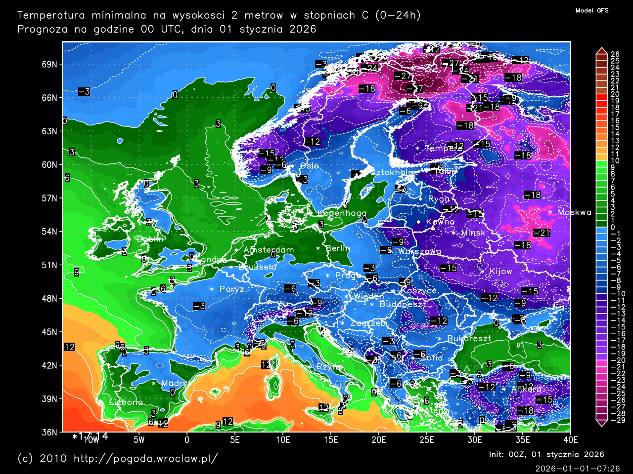 Dobowe temperatury minimalne oraz w ciągu następnych 192 godzin w stopniach C
