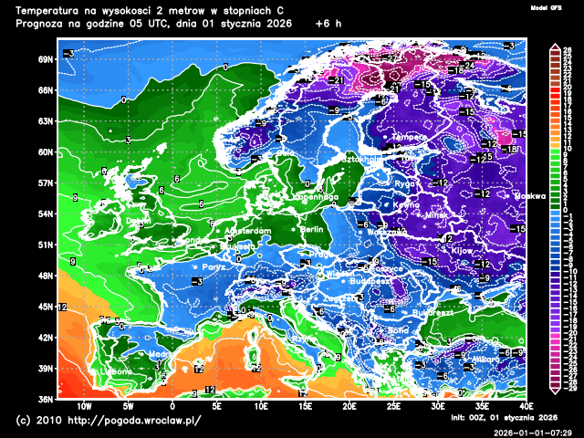 Aktualna temperatura powietrza na Dolnym Śląsku na poziomie 2 metrów w stopniach Celsjusza - model GFS