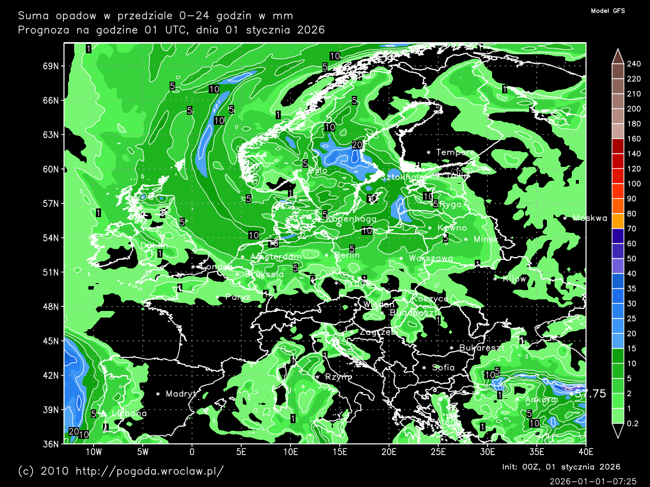 Dobowe sumy opadów oraz w ciągu następnych 240 godzin w mm