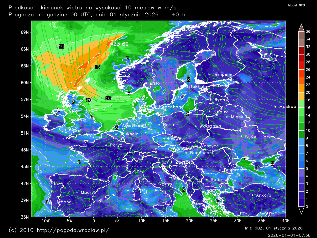 Prędkość i kierunek wiatru na wysokości 10 metrów w m/s dla wybranej godziny prognozy