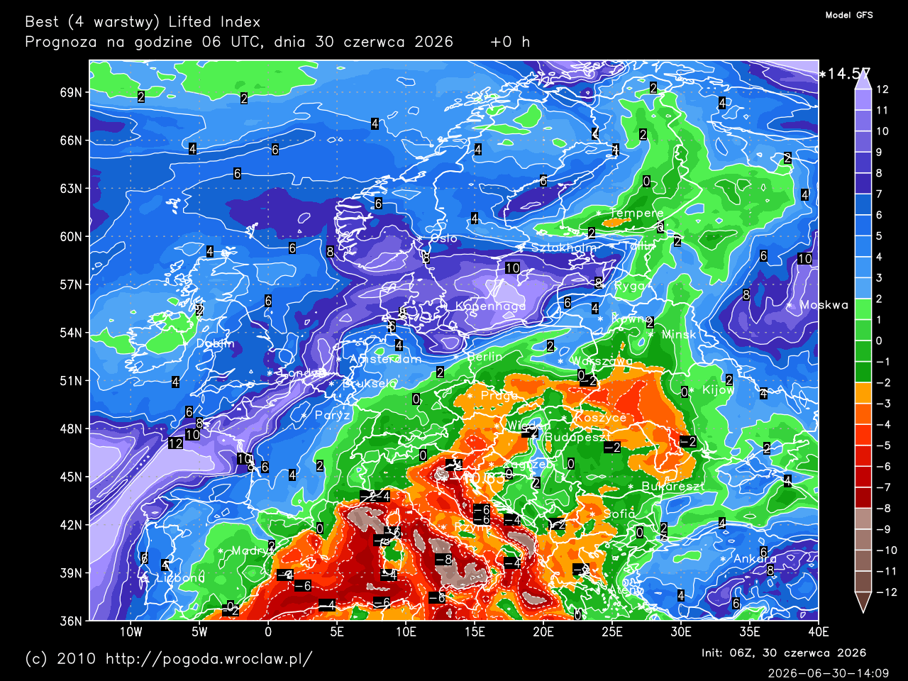 Best (4 warstwy) Lifted Index dla wybranej godziny prognozy