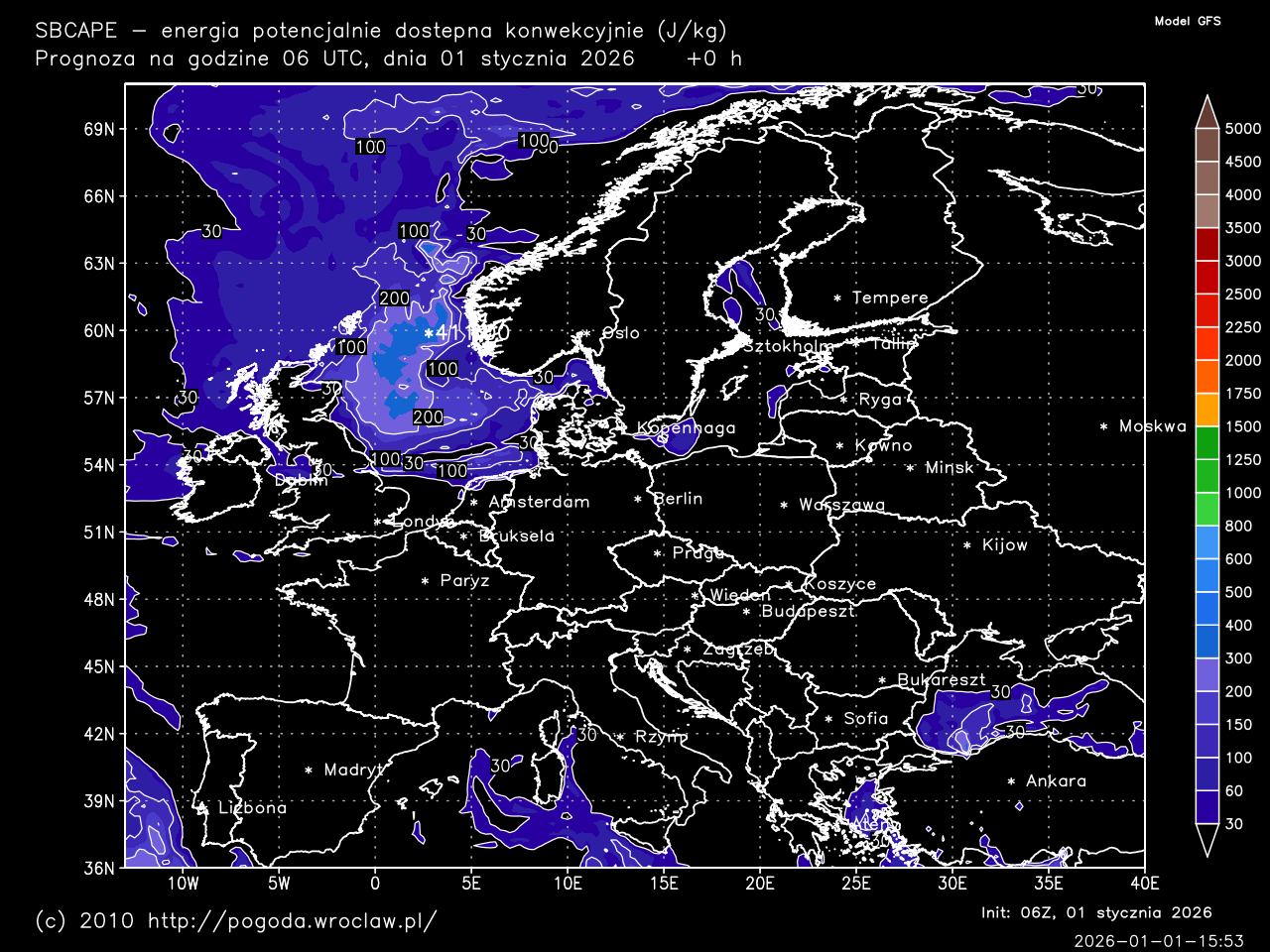 SBCAPE - energia potencjalnie dostępna konwekcyjnie dla wybranej godziny prognozy