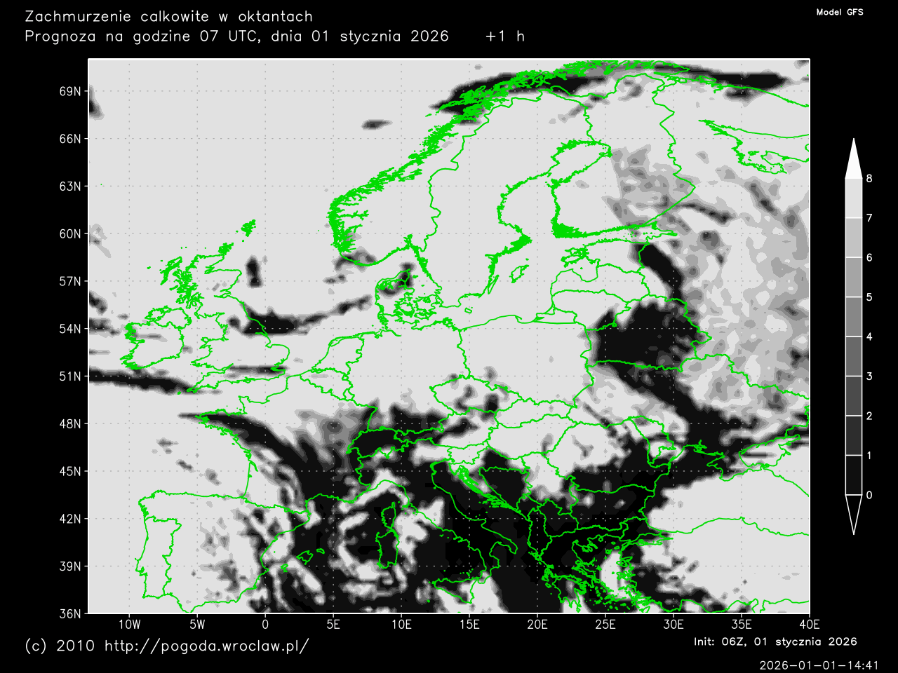 Zachmurzenie całkowite w oktantach w zależności od wybranej godziny prognozy