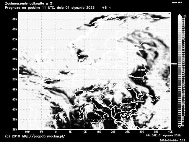 Aktualne zachmurzenie całkowite na Dolnym Śląsku w procentach - model GFS