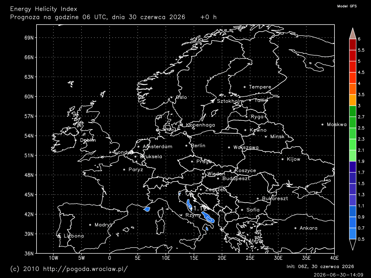 Energy Helicity Index dla wybranej godziny prognozy
