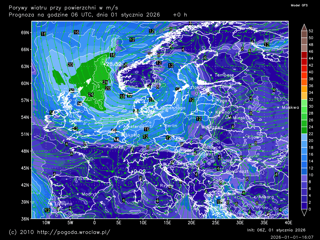 Porywy wiatru przy powierzchni w m/s dla wybranej godziny prognozy