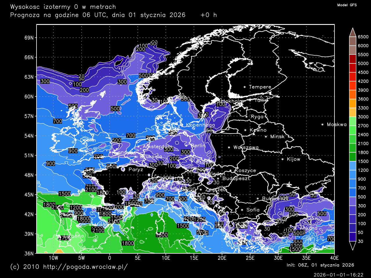 Wysokość izotermy 0 w metrach dla wybranej godziny prognozy