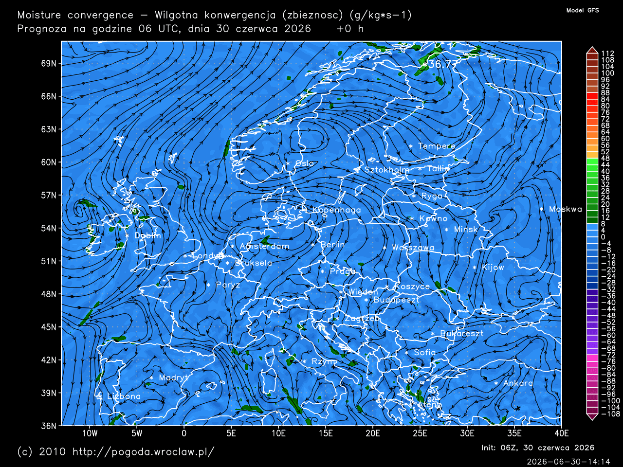 Moisture convergence - dla wybranej godziny prognozy