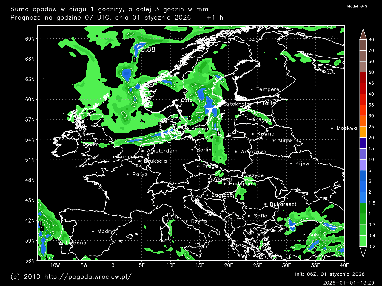 Suma opadów w mm dla wybranej godziny prognozy