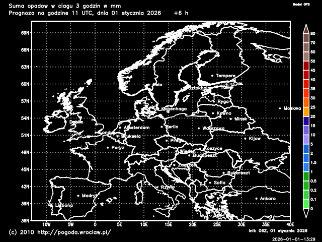 Aktualna suma opadów atmosferycznych w ciągu 3 godzin na Dolnym Śląsku w mm - model GFS