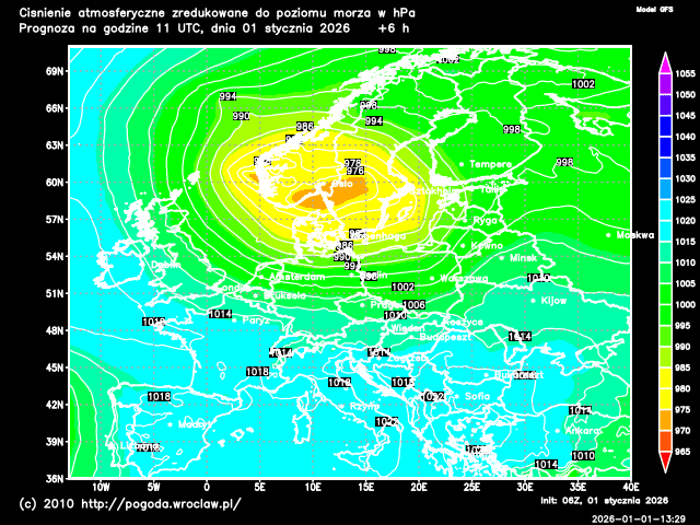 Aktualne ciśnienie powietrza atmosferycznego na Dolnym Śląsku w hPa - model GFS