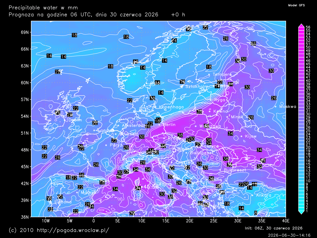 Precipitable water dla wybranej godziny prognozy