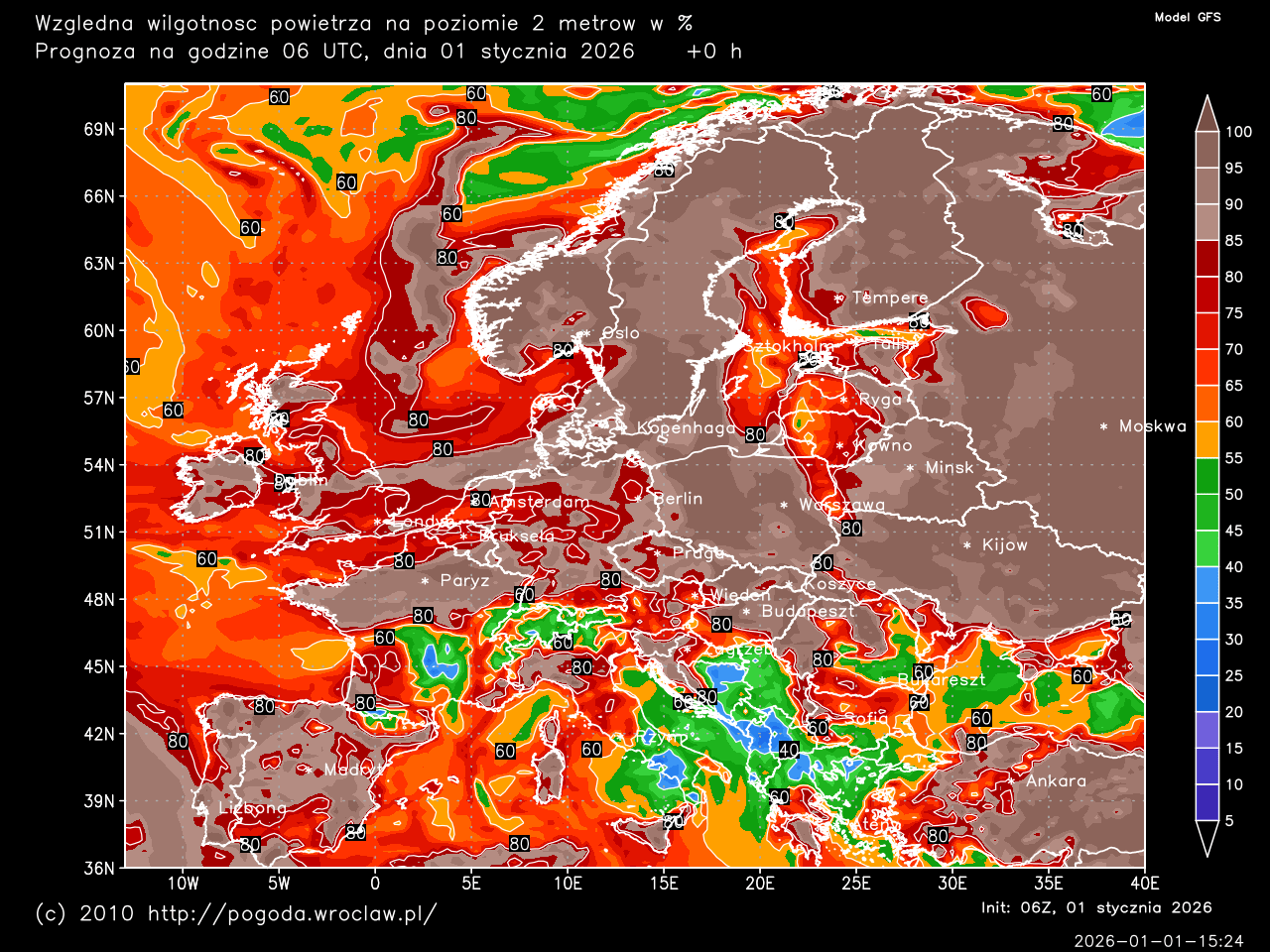 Względna wilgotność powietrza na poziomie 2 metrów w % dla wybranej godziny prognozy
