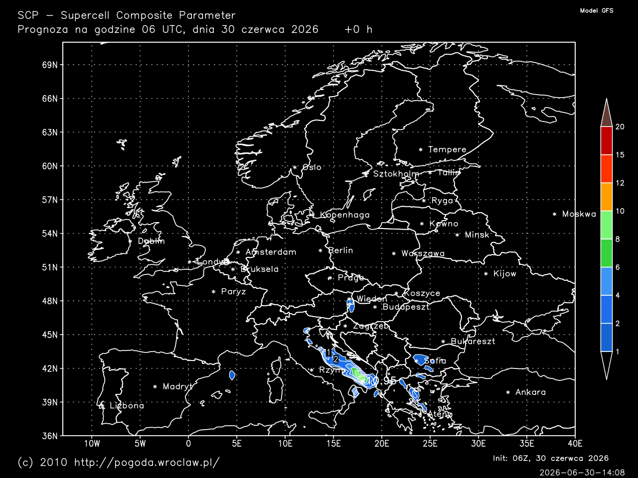 SCP - Supercell Composite Parameter dla wybranej godziny prognozy