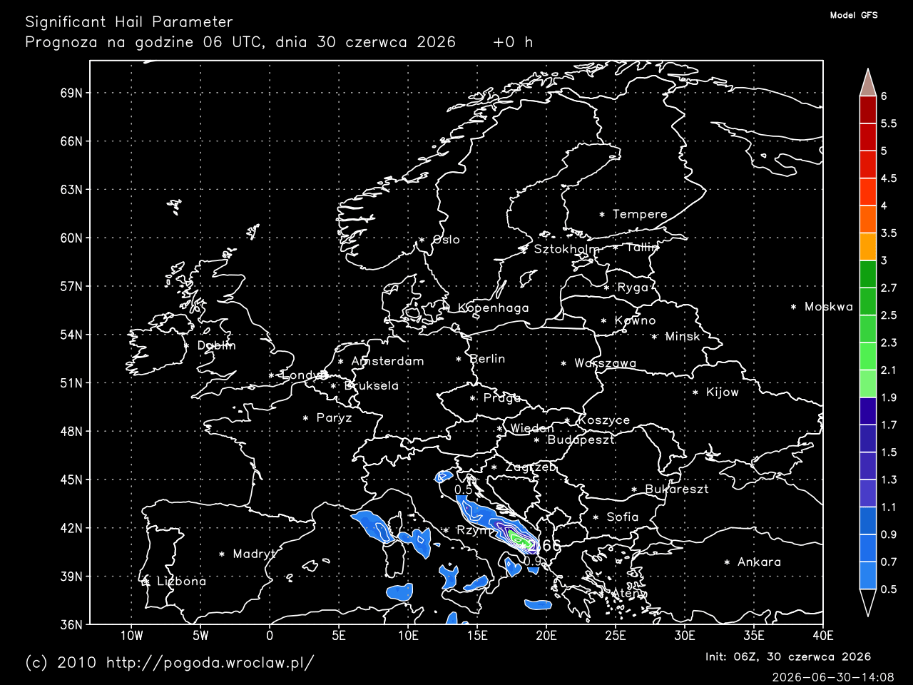 SHIP - Significant Hail Parameter dla wybranej godziny prognozy