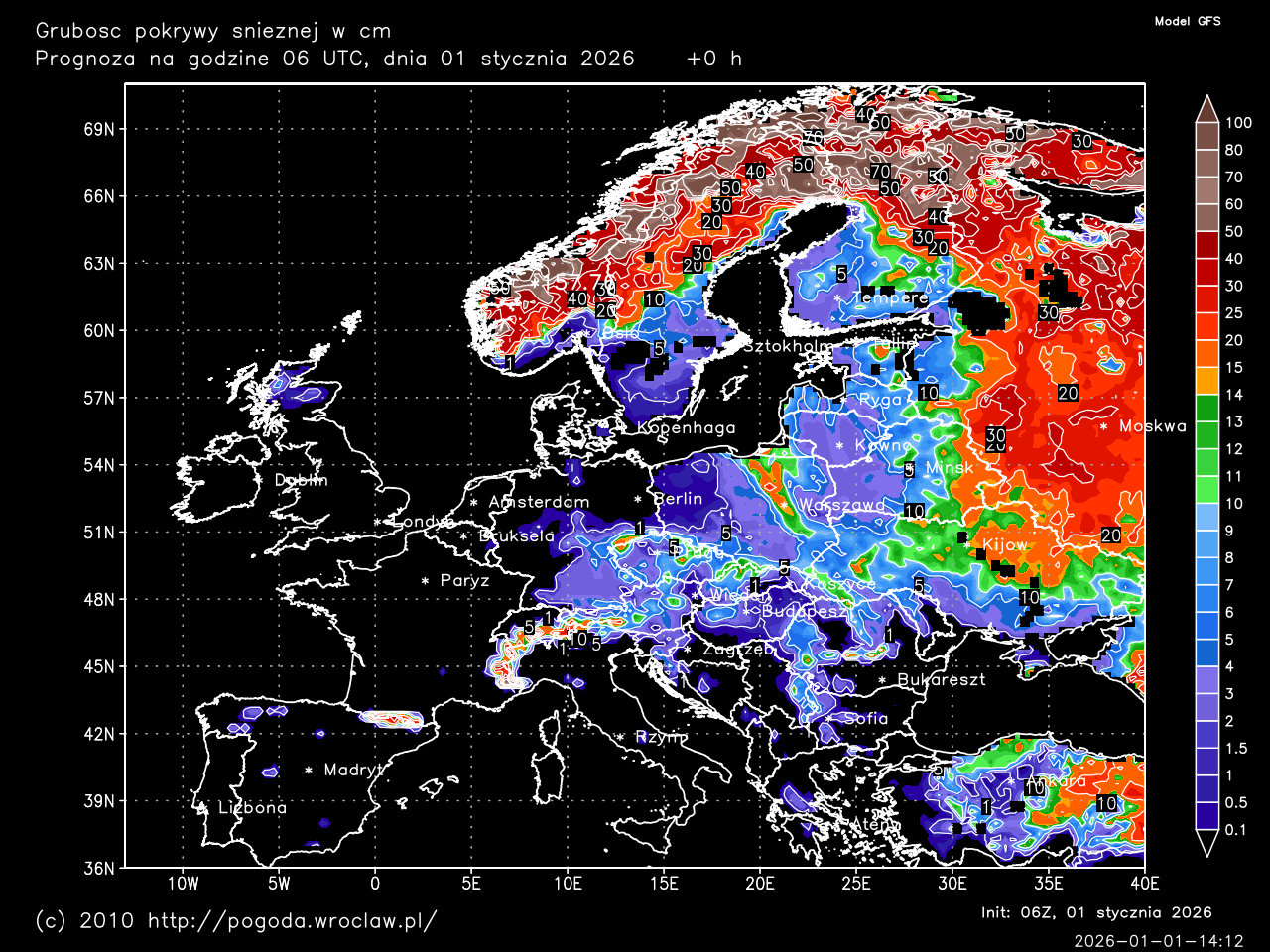 Grubość pokrywy śnieżnej w centymetrach, dla wybranej godziny prognozy