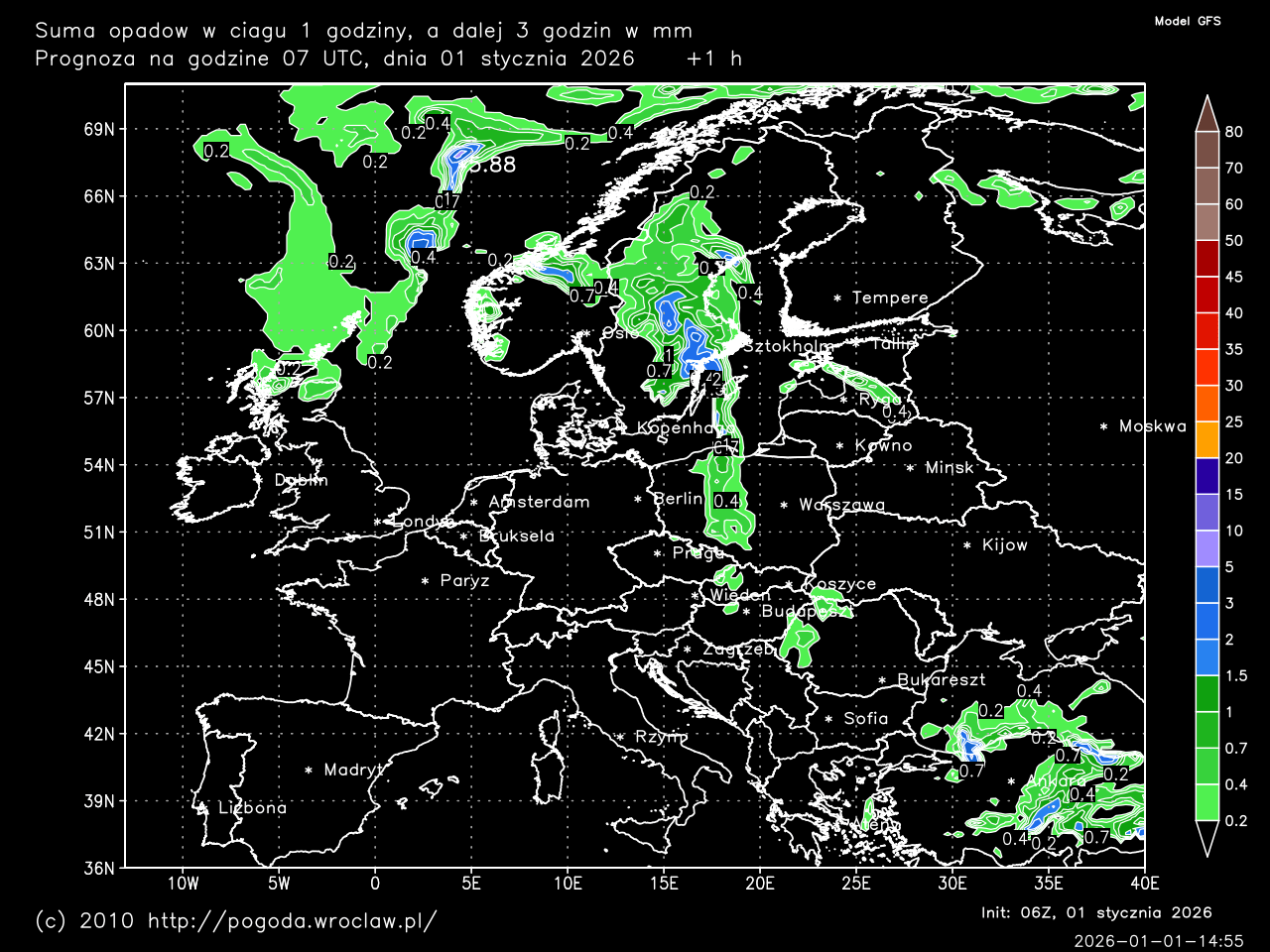 Suma opadów śniegu w ciągu wybranej godziny prognozy w mm